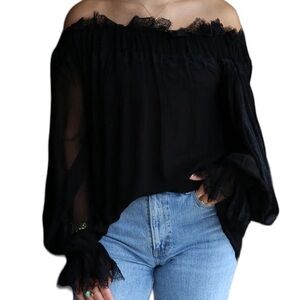Mechora Black Off the Shoulder Lace Insert "Stella" Blouse XS NEW
